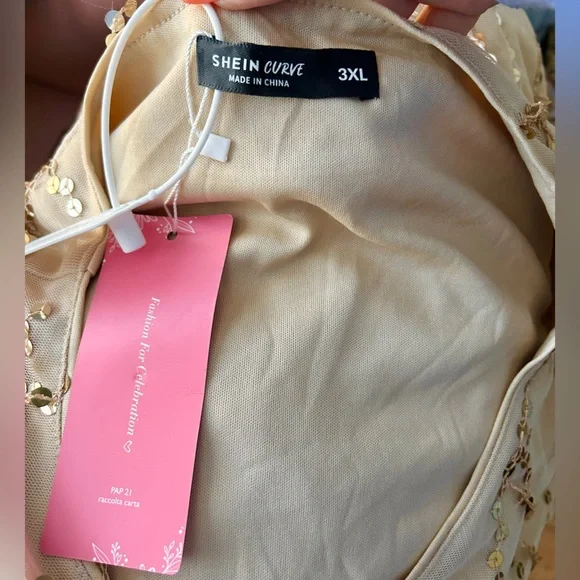 Elegant Beige Gold Tassel Sequin Short Sleeve Dress Plus Size 18 3X - Picture 9 of 9